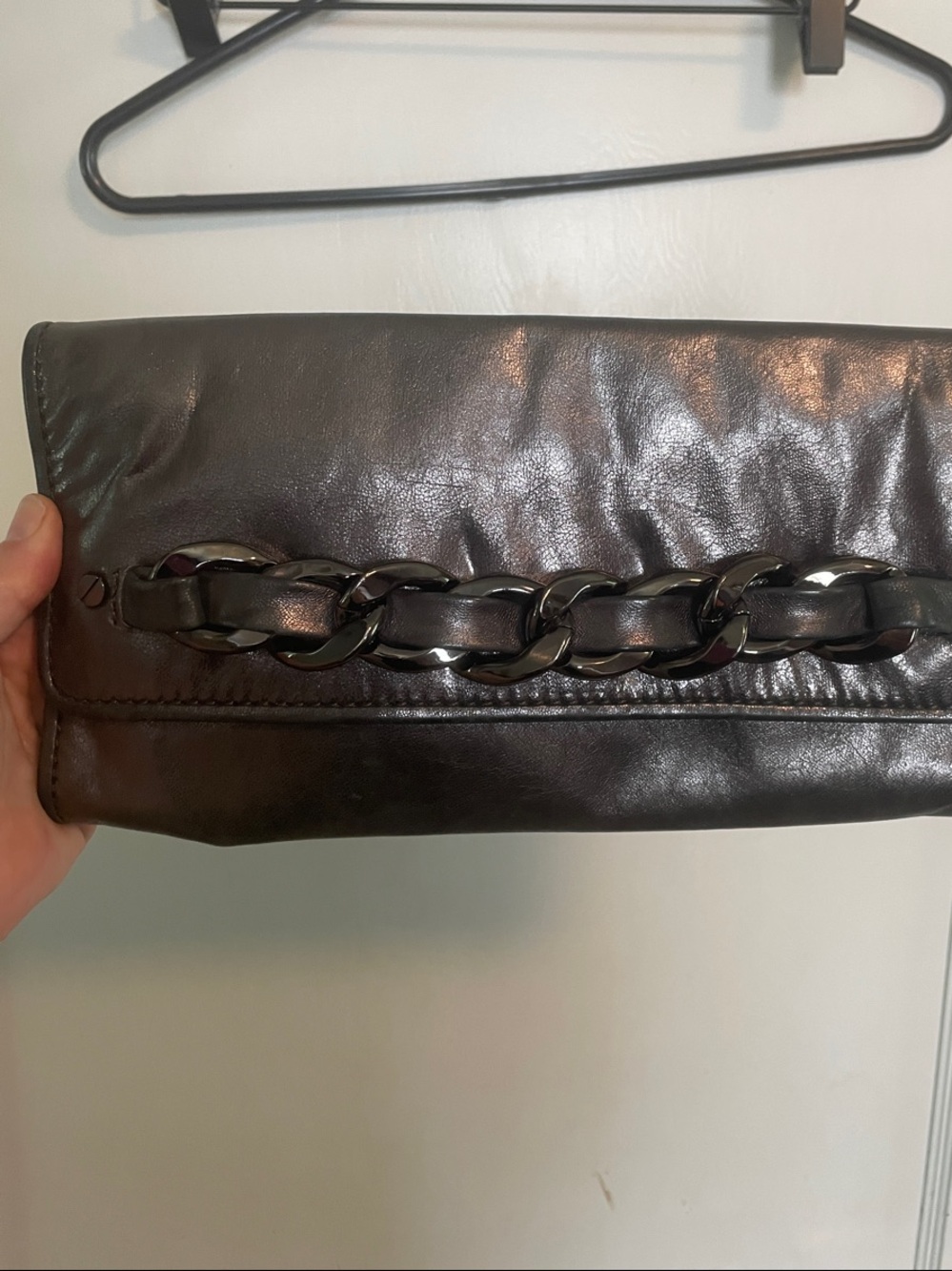 Michael Kors Metallic Charcoal Chain-Trim Clutch